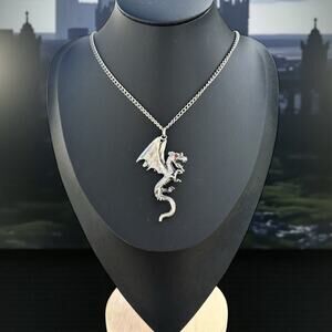 Medieval Dragon Fantasy Necklace Red Crystal Eye Stainless Silver Gothic Y2K